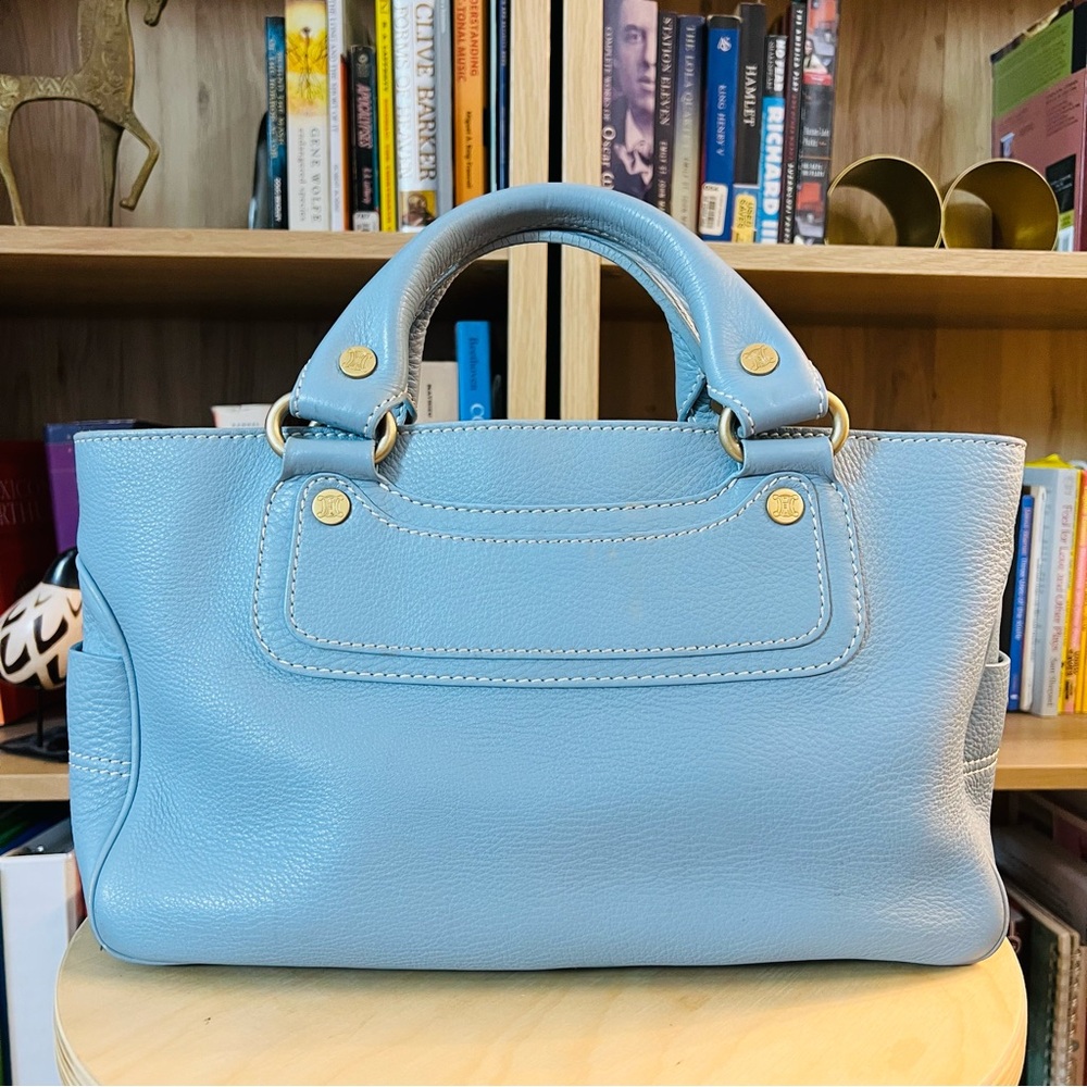 CELINE Vintage Baby Blue Leather Boogie Tote with Brass Tone Hardware & Dust Bag
